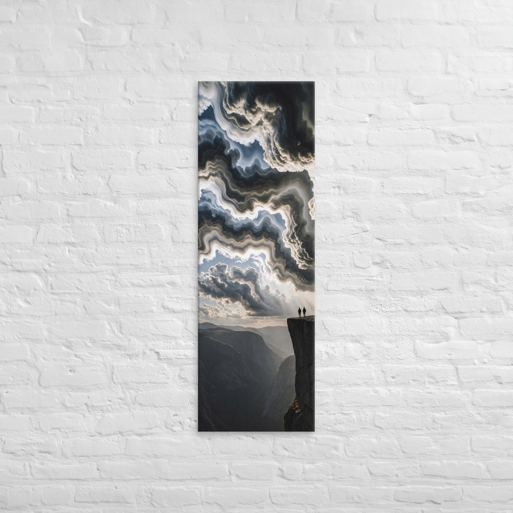 Above the Layered Valley, tall wrapped canvas print: two figures on a cliff rim above a layered valley under marbled churning clouds.