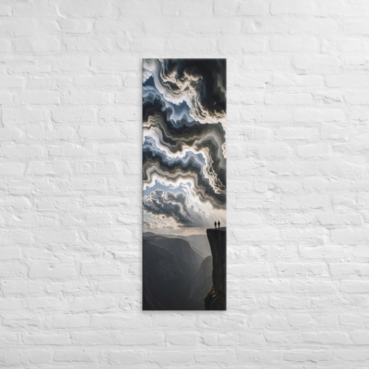 Above the Layered Valley, tall wrapped canvas print: two figures on a cliff rim above a layered valley under marbled churning clouds.