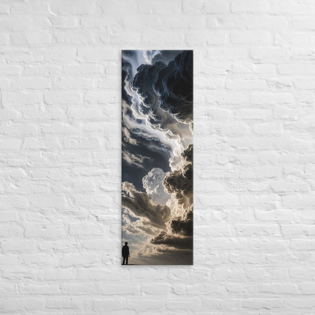 The Luminous Rift, tall wrapped canvas print: a lone figure on a plain beneath a towering rift of luminous cloud with light streaming through.