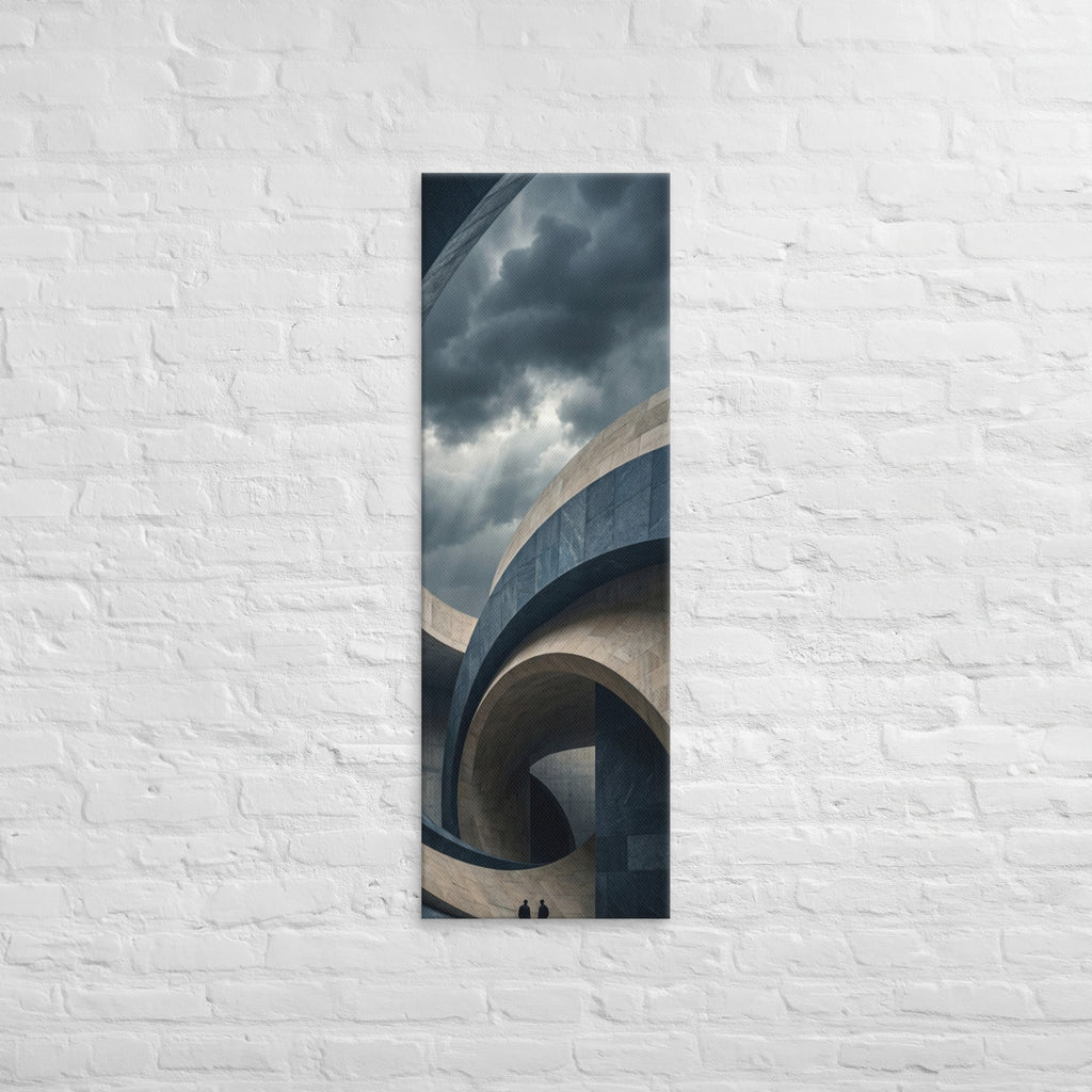 Within the Stone Spiral, tall wrapped canvas print: two figures inside a spiraling curved-stone structure under dark clouds.
