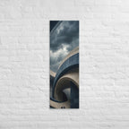Within the Stone Spiral, tall wrapped canvas print: two figures inside a spiraling curved-stone structure under dark clouds.