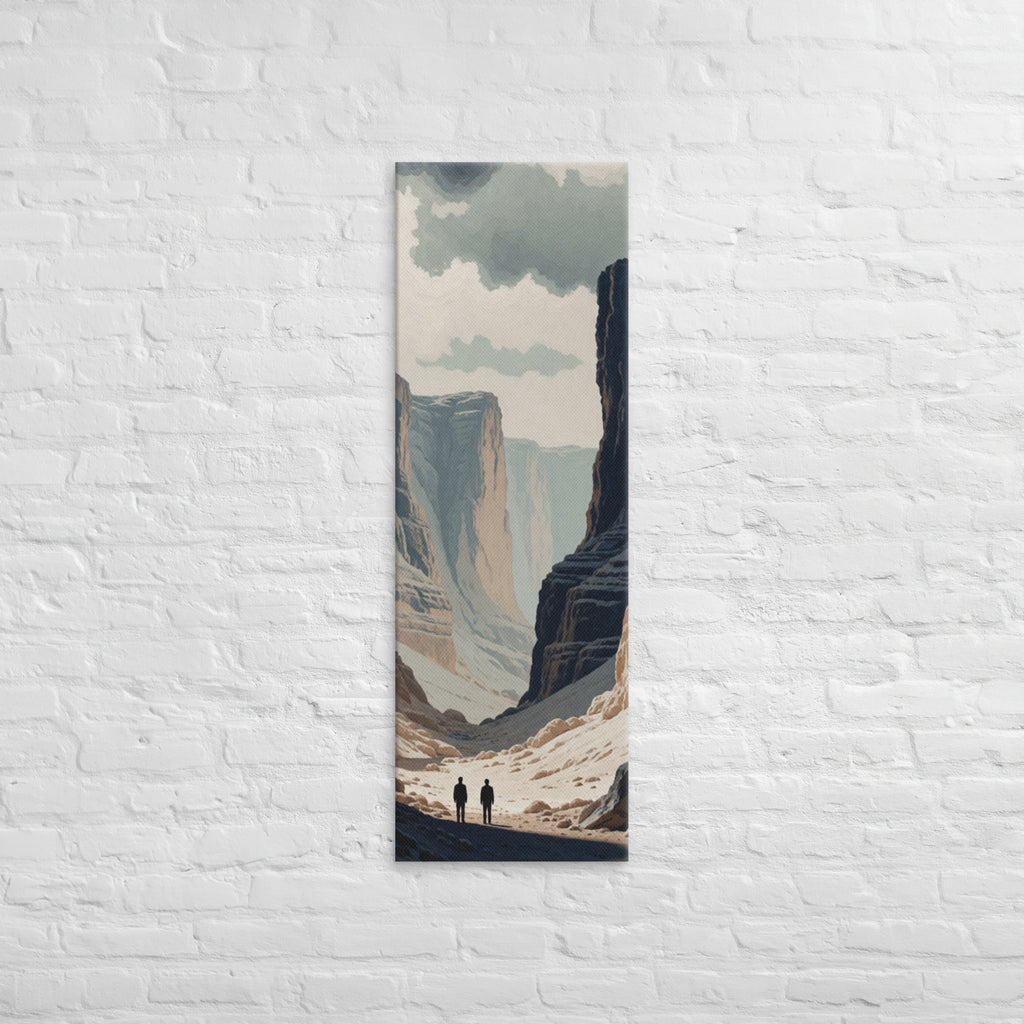 The Pale Canyon Passage, tall wrapped canvas print: two figures walking a pale canyon passage between towering striated cliffs.
