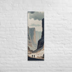 The Pale Canyon Passage, tall wrapped canvas print: two figures walking a pale canyon passage between towering striated cliffs.