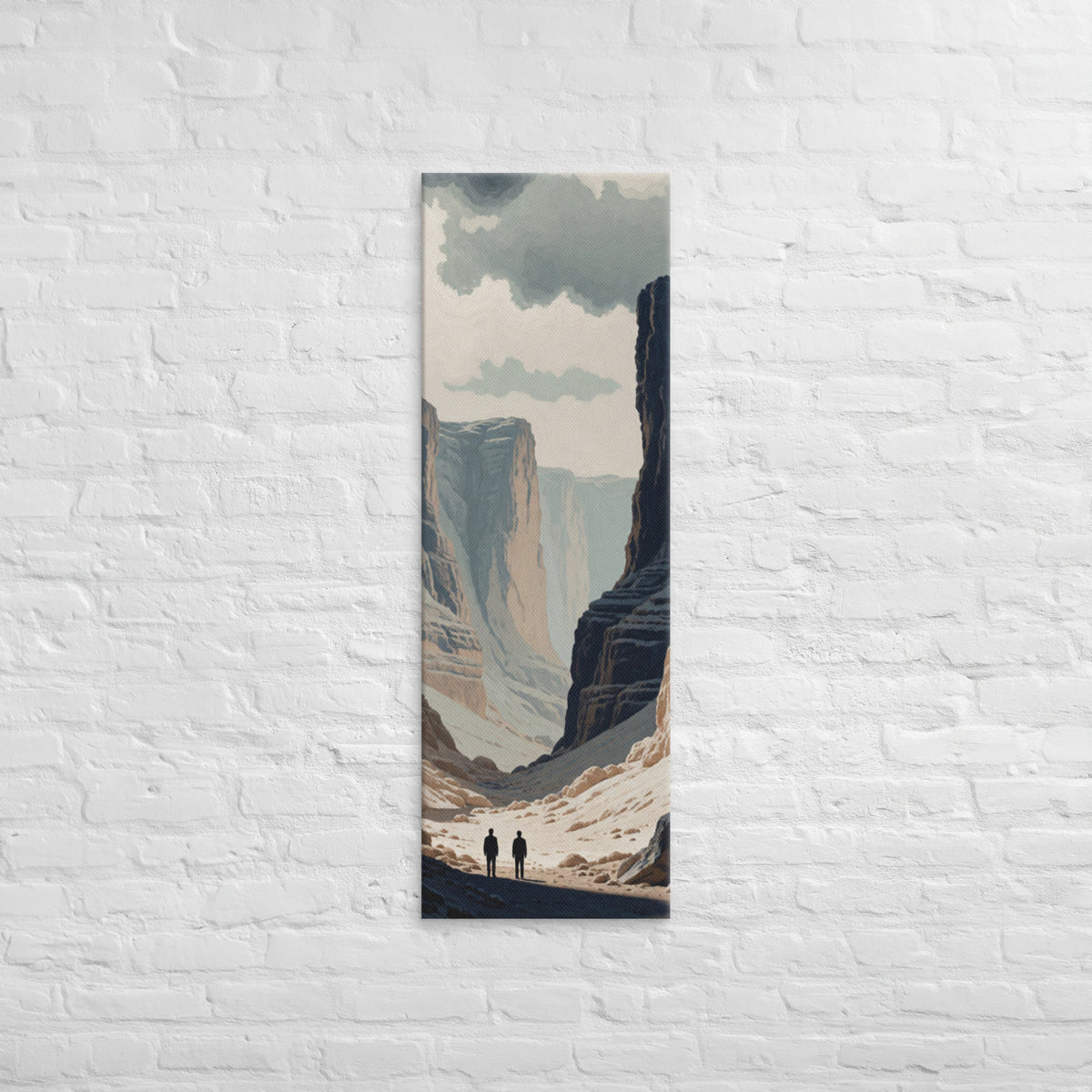 The Pale Canyon Passage, tall wrapped canvas print: two figures walking a pale canyon passage between towering striated cliffs.