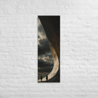 Beneath the Great Curve, tall wrapped canvas print: three figures beneath a colossal curving rock formation arcing overhead.