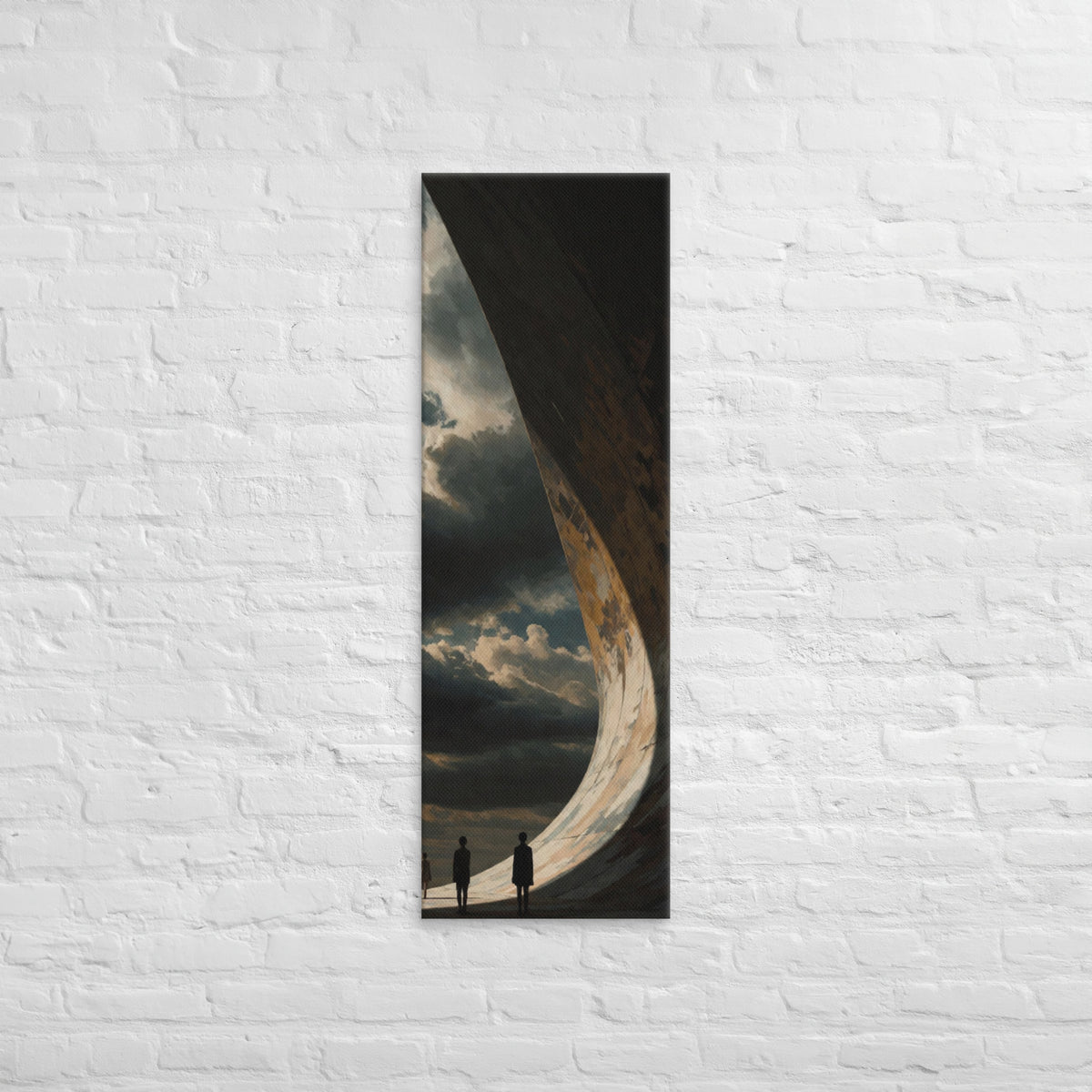Beneath the Great Curve, tall wrapped canvas print: three figures beneath a colossal curving rock formation arcing overhead.