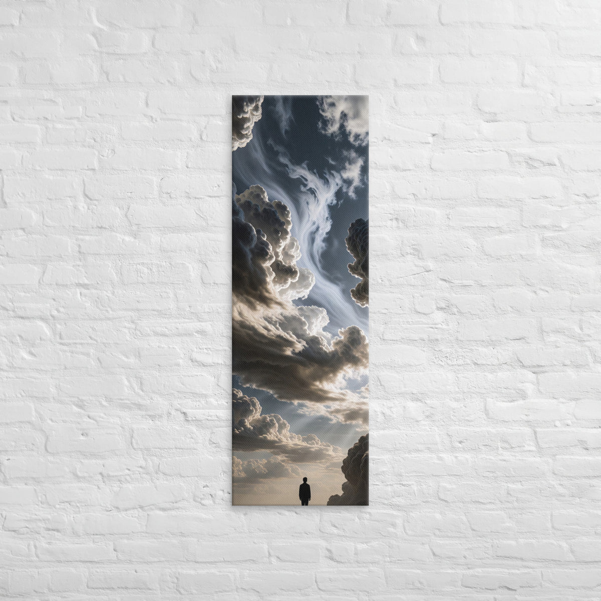 The Sky Unfurling, tall wrapped canvas print: a lone figure beneath unfurling silver-and-ink clouds with light breaking through.