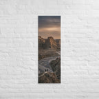 The River Beyond the Ridge, tall wrapped canvas print: three figures on a ridge above a river winding through a dusk-lit canyon.