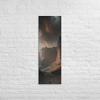 Before the Canyon Walls, tall wrapped canvas print: two figures before immense dark canyon walls under a brooding sky.