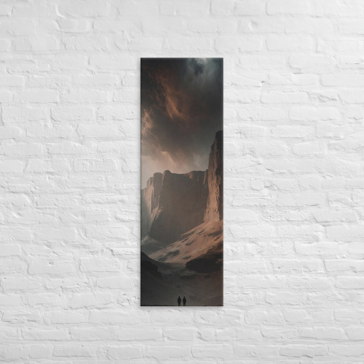 Before the Canyon Walls, tall wrapped canvas print: two figures before immense dark canyon walls under a brooding sky.