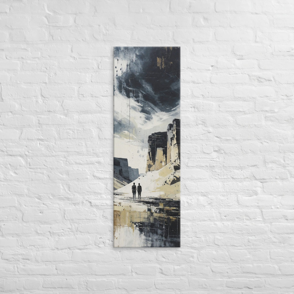 The Mirrored Passage, tall wrapped canvas print: two figures in a painterly passage between light and dark cliffs.