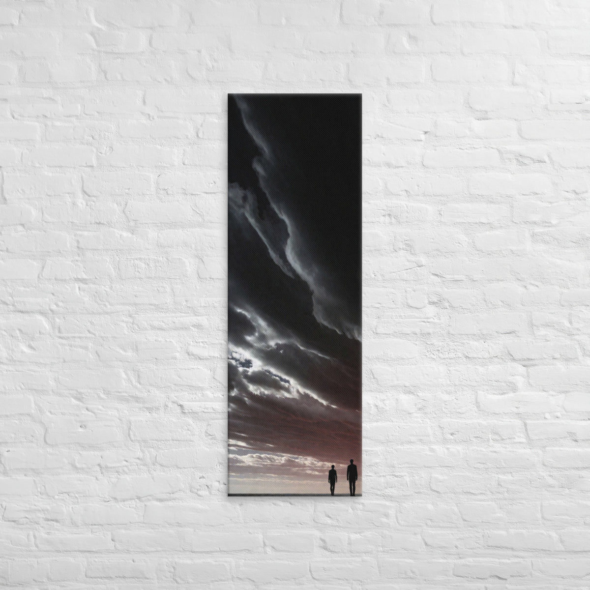 Beneath the Dark Sweep, tall wrapped canvas print: two figures on a plain beneath a vast dark sweep of cloud with a pink horizon.