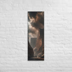 The Canyon of Embers, tall wrapped canvas print: two figures in a canyon of ember-lit rock under a bruised sky.