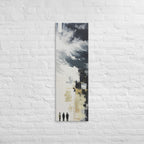 Three in the Open Light, tall wrapped canvas print: three figures in a wash of open light beneath abstract white and black.