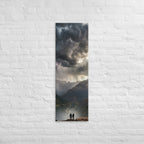 The Storm Above the Valley, tall wrapped canvas print: two figures on a cliff rim watching rain shafts fall over a valley under storm.