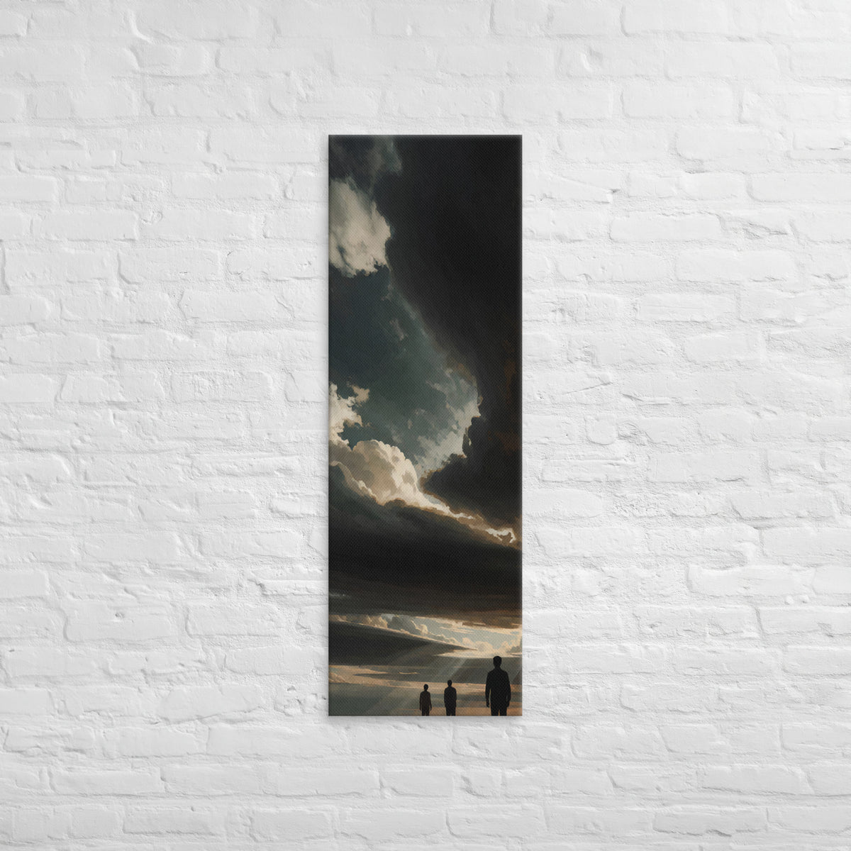 The Last Opening, tall wrapped canvas print: three figures beneath a dark cloud with one last opening of light above.