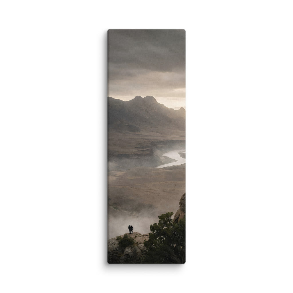 Over the Winding River, tall wrapped canvas print: two figures on a cliff above a winding river in misty dawn country.