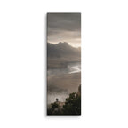 Over the Winding River, tall wrapped canvas print: two figures on a cliff above a winding river in misty dawn country.