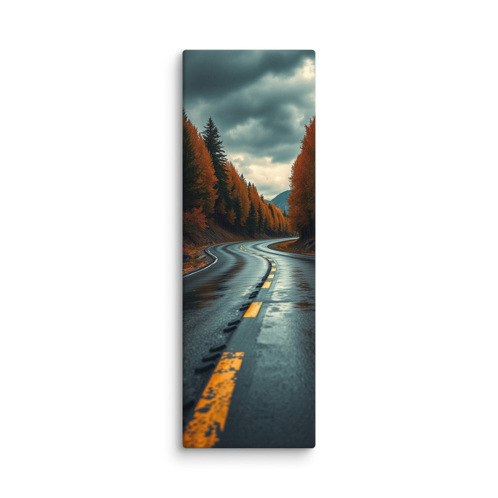 After The Rain Passes, tall wrapped canvas print: a wet asphalt road curving through orange autumn forest beneath a dark, parting storm sky.