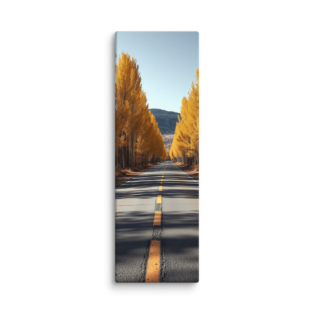 An Avenue Of Gold, tall wrapped canvas print: a straight road flanked by tall golden poplars under a clear blue sky, a forested mountain behind.