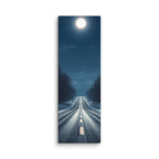 Nocturne In Frost, tall wrapped canvas print: a bright full moon over a snow-lined winter road through bare trees, moonlight on wet asphalt.