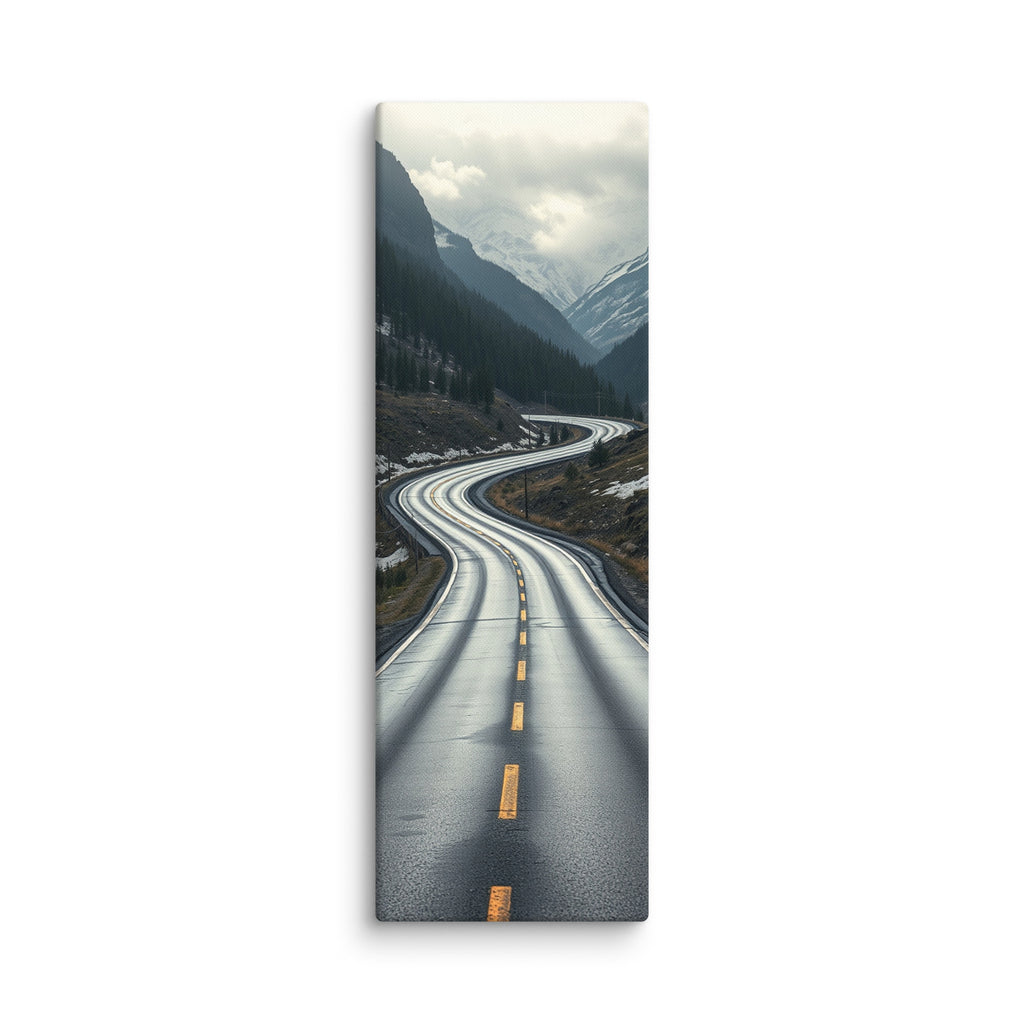 The Silver Approach, tall wrapped canvas print: a serpentine wet road through a silver-grey misty mountain valley.