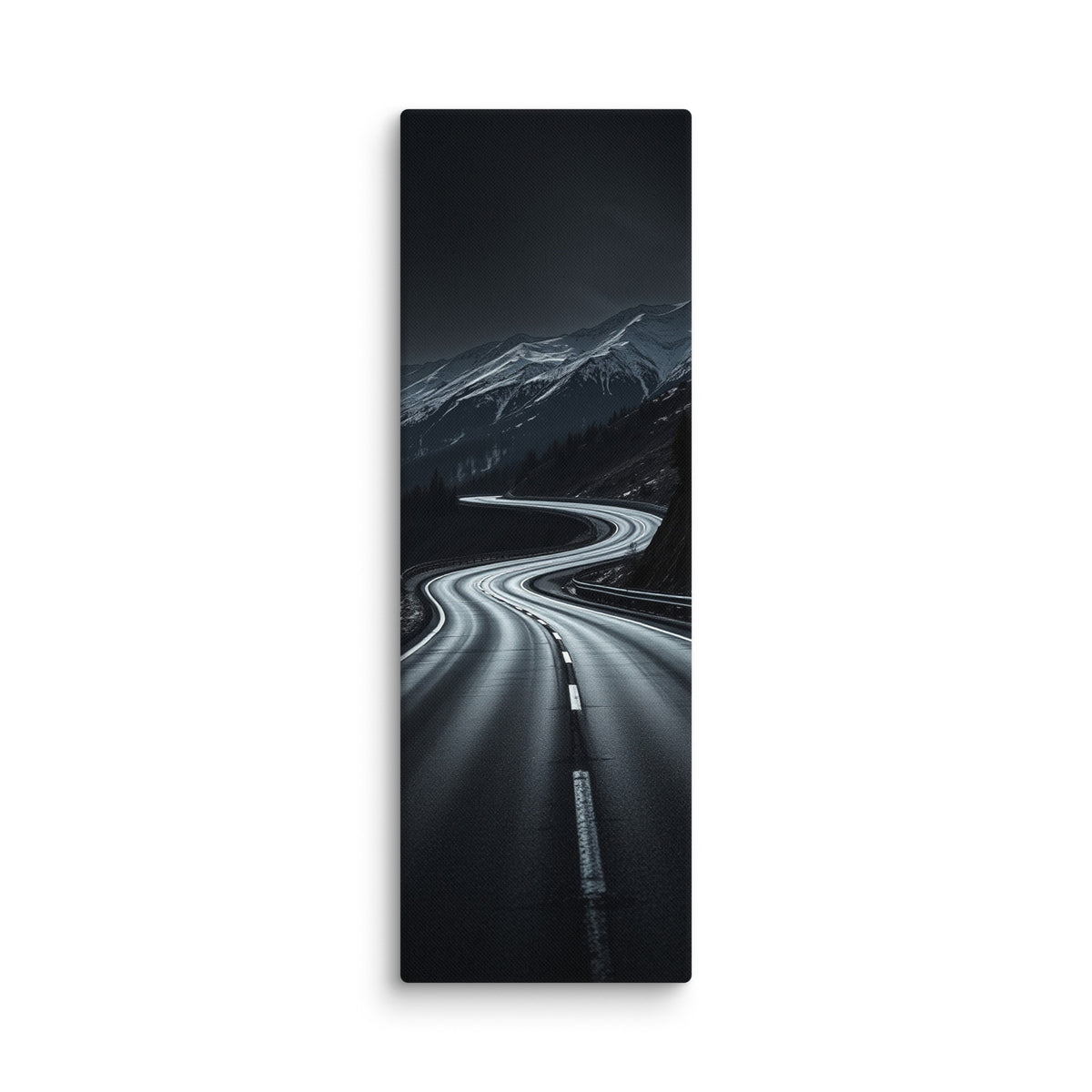 The Night Pass, tall wrapped canvas print: a dark switchback road through snowy mountains at night with distant car headlights.