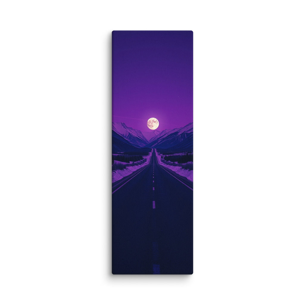 Violet Distance, tall wrapped canvas print: a full moon over a long straight winter road beneath a deep violet sky with snowy mountains.