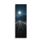 Night Without End, tall wrapped canvas print: a full moon blazing over a snow-lined mountain road winding through dark peaks at night.