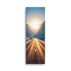 The Sun Between Walls, tall wrapped canvas print: a straight road running into a blazing sun held between two snowy mountain walls.