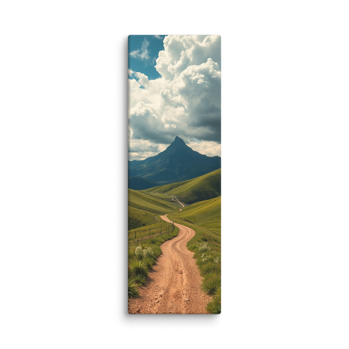 The Distant Sentinel, tall wrapped canvas print: a winding dirt road through green hills toward a sharp distant mountain peak.