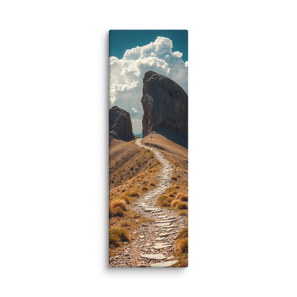 The Way Through Stone, tall wrapped canvas print: a stone-paved path passing between two massive rock towers under cumulus clouds.