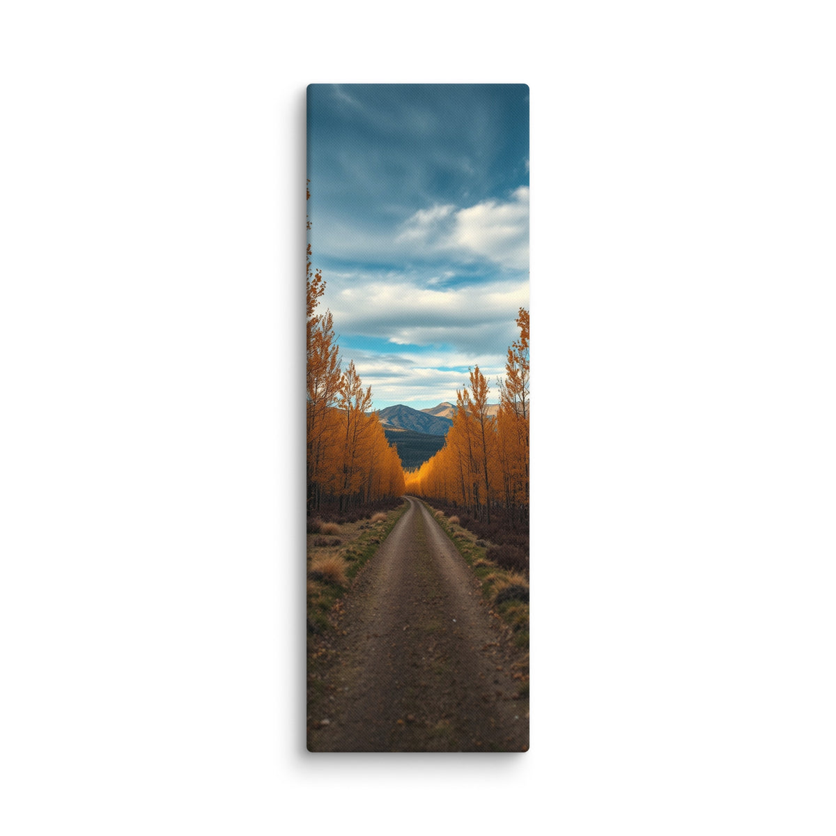 The Quiet Miles, tall wrapped canvas print: a straight road through a tunnel of golden autumn trees toward distant mountains.
