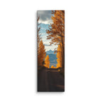 Where The Forest Opens, tall wrapped canvas print: a road between tall golden trees opening onto a distant blue mountain view.