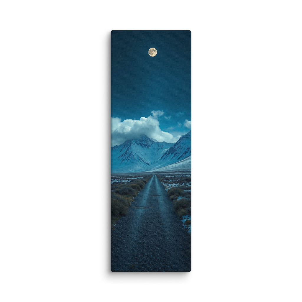 The Moonlit Approach, tall wrapped canvas print: a full moon over a straight road leading into snow-covered mountains at night.