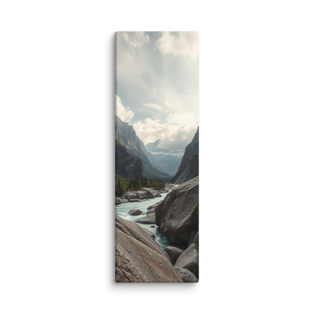 The Great Ravine, tall wrapped canvas print: a turquoise river flowing between massive boulders beneath towering canyon walls.