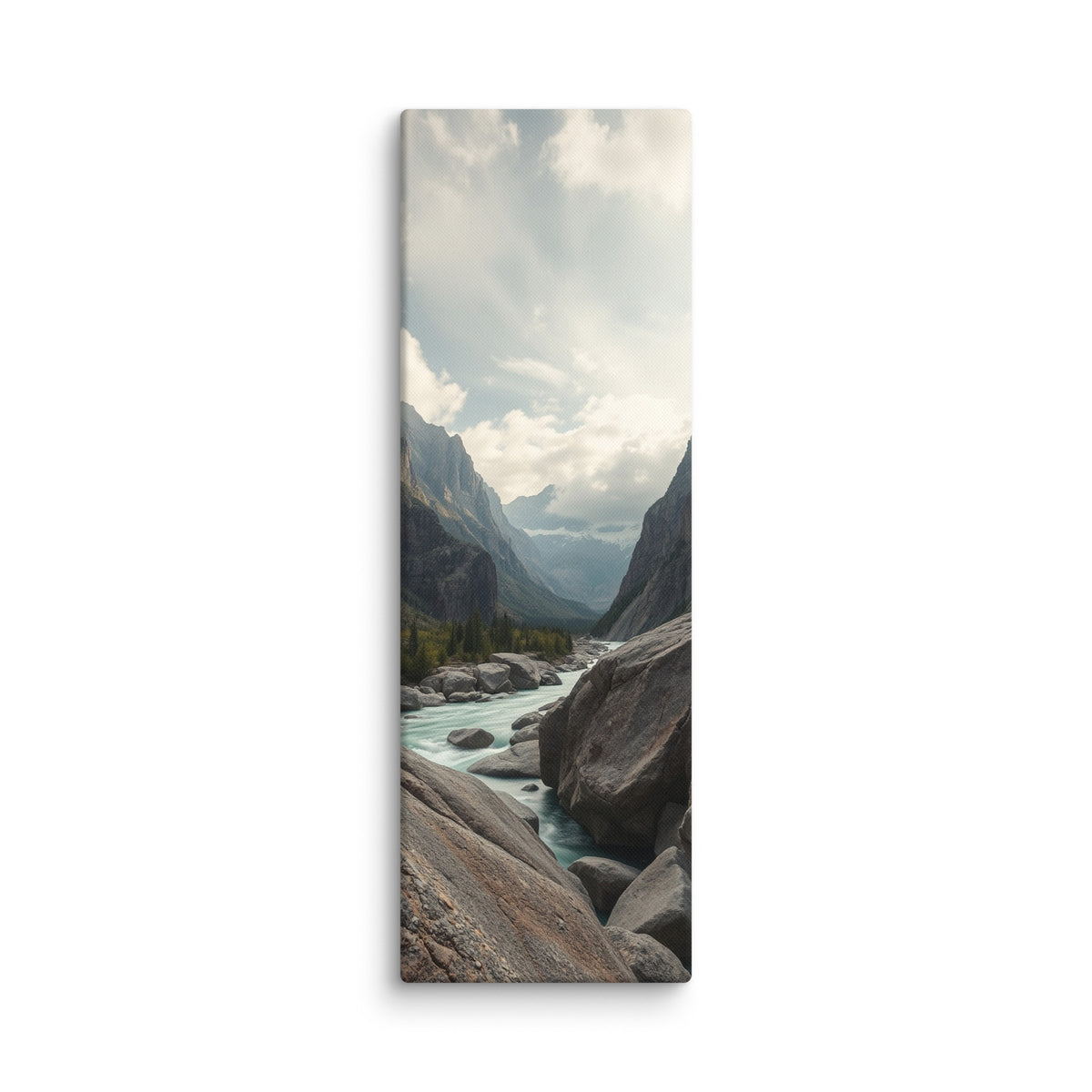 The Great Ravine, tall wrapped canvas print: a turquoise river flowing between massive boulders beneath towering canyon walls.