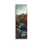 The Fallen Season, tall wrapped canvas print: fallen red and gold leaves scattered on dark rocks along an autumn mountain stream.