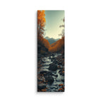 The Valley Holds The Light, tall wrapped canvas print: an autumn valley stream between golden trees with sunlit snow-capped peaks beyond.