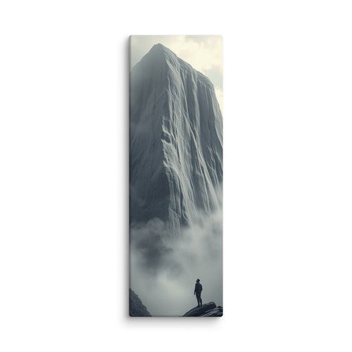 Above The Veil, tall wrapped canvas print: a lone figure on dark rocks gazing up at a massive grey ice cliff dissolving into mist.