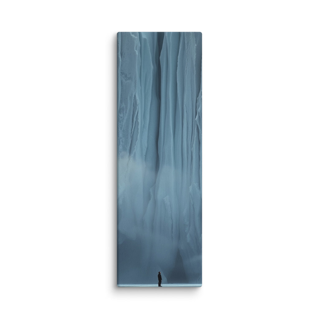Blue Citadel, tall wrapped canvas print: a lone figure before an immense wall of pale blue ice columns rising into mist.