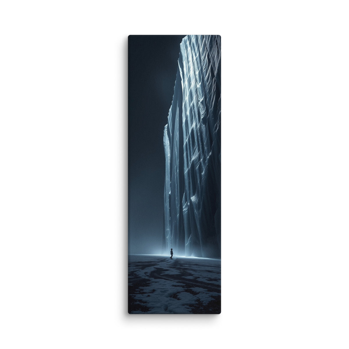 Cathedral Of Ice, tall wrapped canvas print: a lone figure on a frozen plain beside a towering wall of glowing blue ice.
