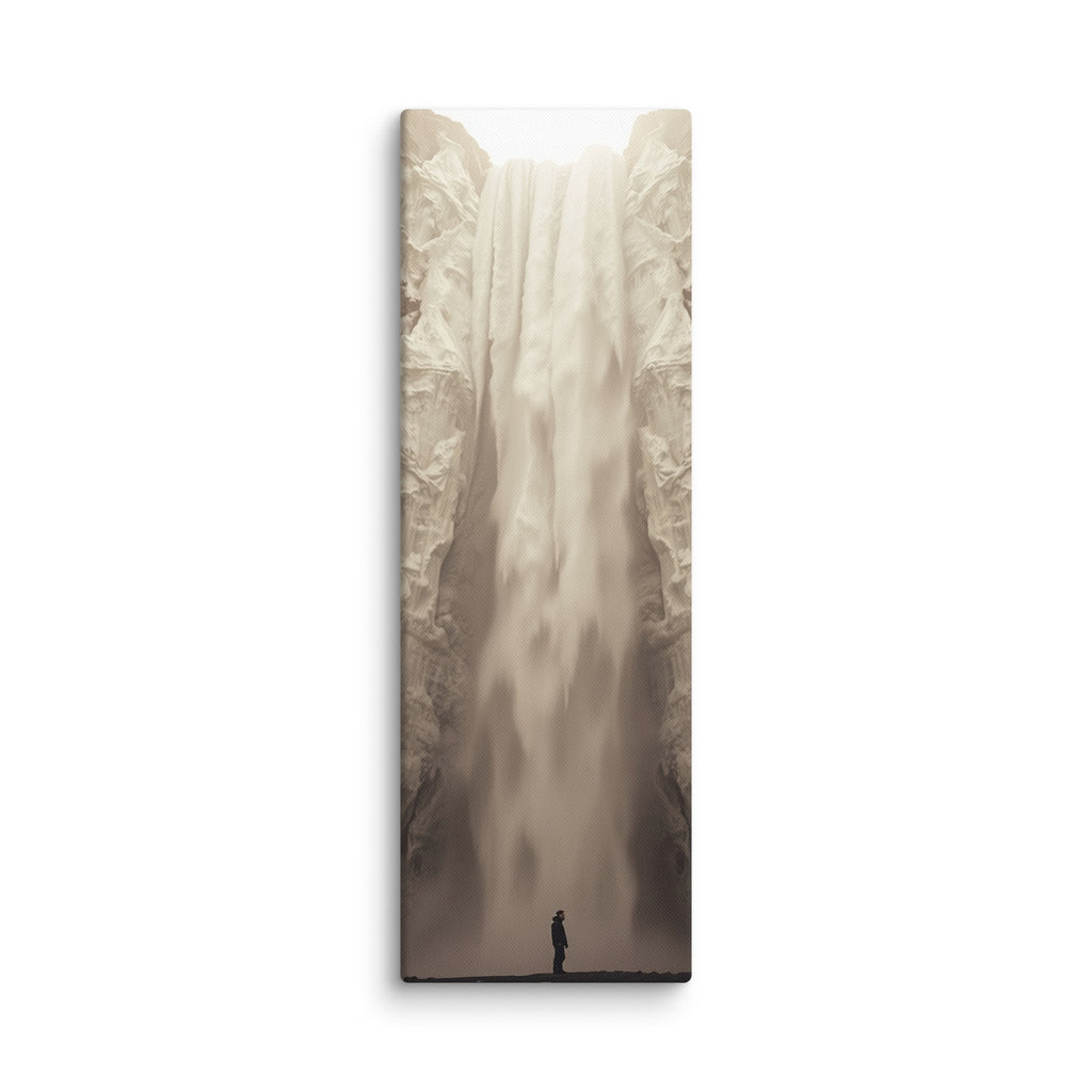 Ivory Descent, tall wrapped canvas print: a lone figure before a tall ivory-white frozen waterfall in a sepia-toned canyon.