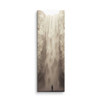 Ivory Descent, tall wrapped canvas print: a lone figure before a tall ivory-white frozen waterfall in a sepia-toned canyon.