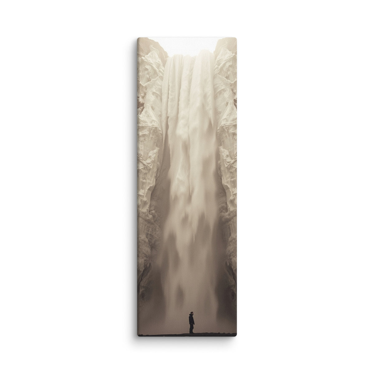 Ivory Descent, tall wrapped canvas print: a lone figure before a tall ivory-white frozen waterfall in a sepia-toned canyon.