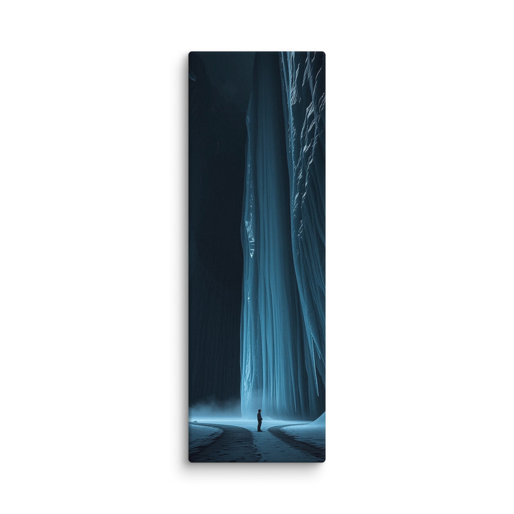 The Blue Divide, tall wrapped canvas print: a lone figure on a snowy path before a colossal glowing blue frozen waterfall between dark ice walls.