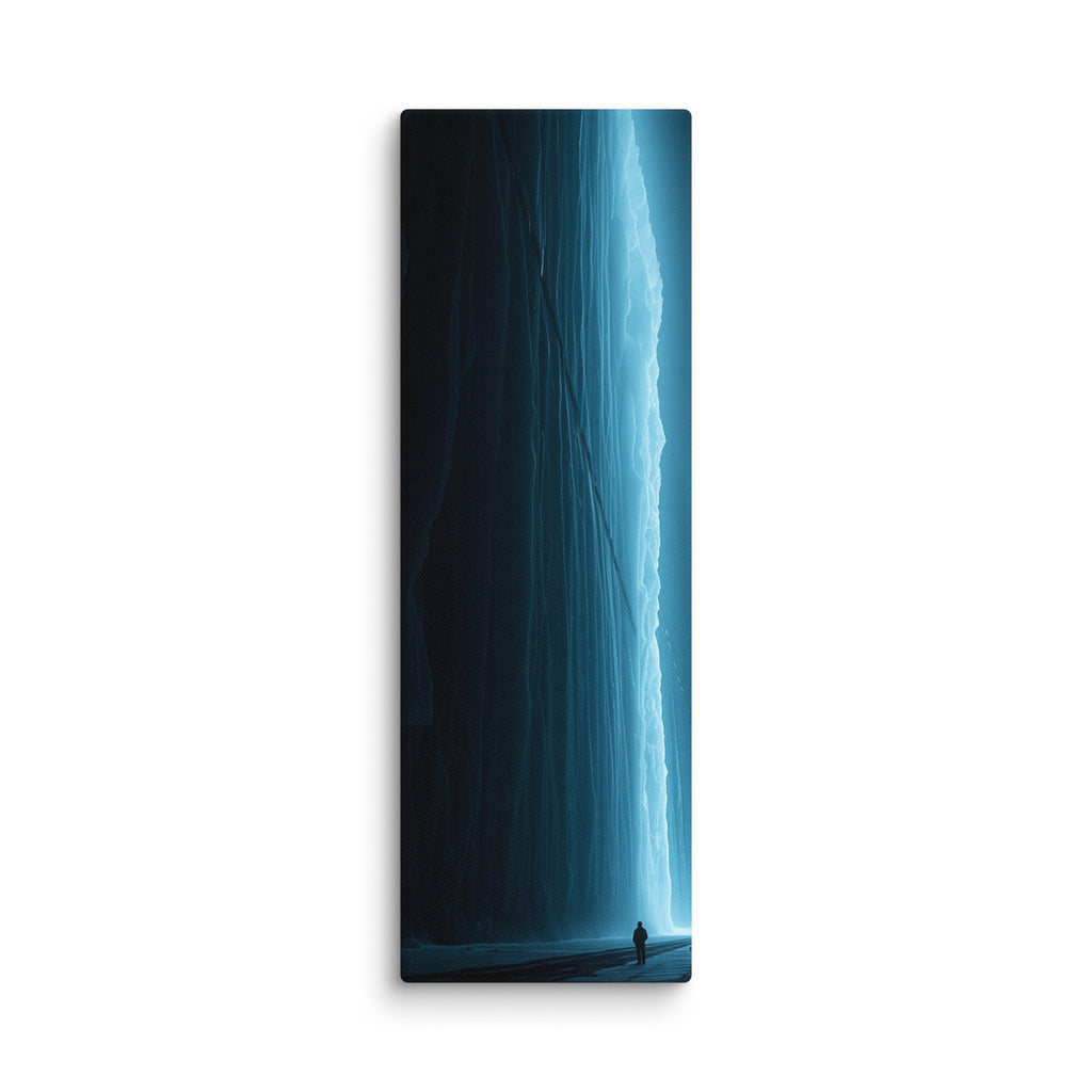 The Blue Vein, tall wrapped canvas print: an electric-blue frozen waterfall glowing in darkness with a lone silhouetted figure.