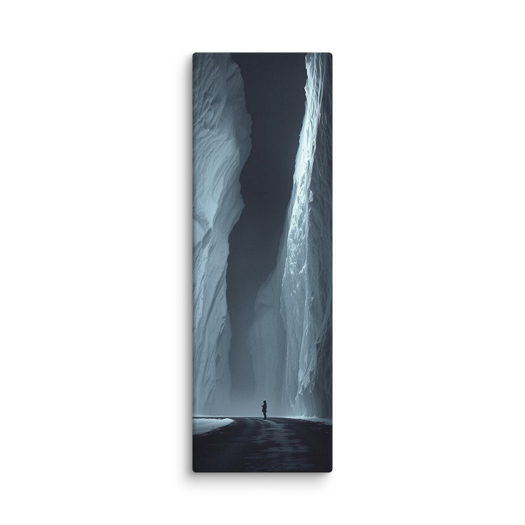 The Dark Reach, tall wrapped canvas print: a lone figure on dark ice between towering ice walls with light falling down one face.