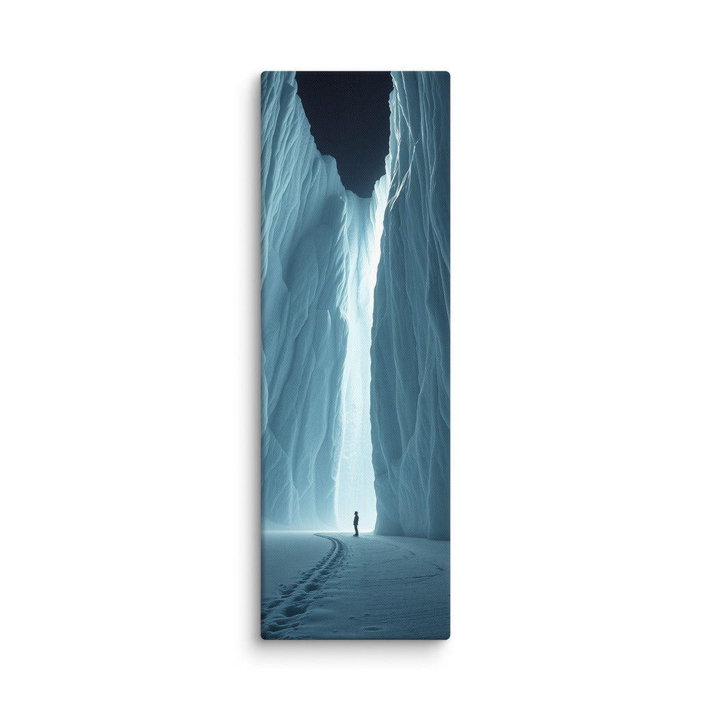 The Night Cleft, tall wrapped canvas print: footprints in snow leading to a lone figure before a luminous ice cleft at night.