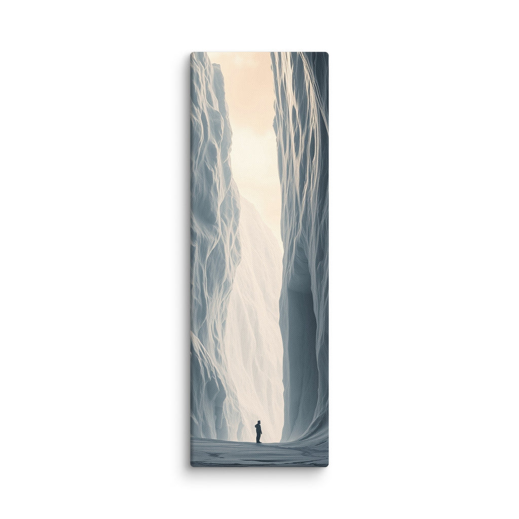 The Pale Corridor, tall wrapped canvas print: a lone figure in a pale ice canyon glowing with soft peach dawn light.